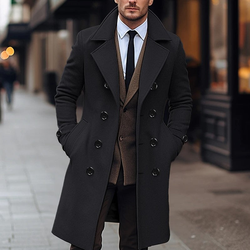UrbanEdge Wool Double-Breasted Long Coat for Men