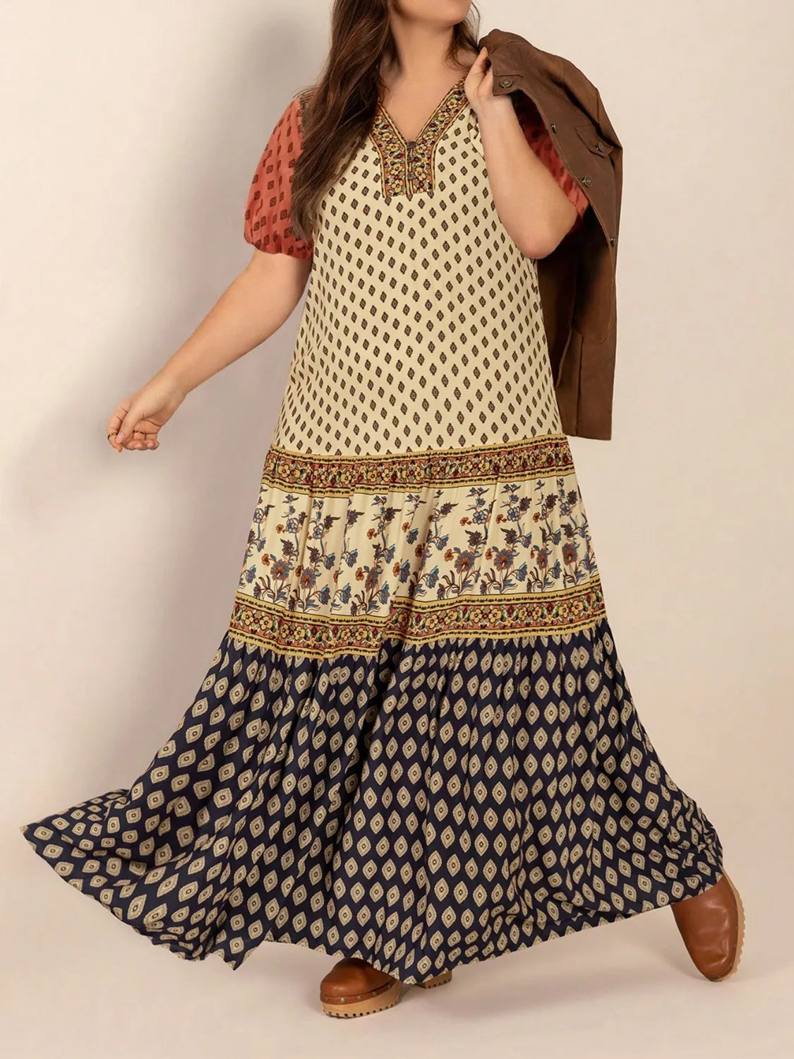 Plus Size Ruched Printed Short Sleeve Midi Dress - Dresses by Trendsi | Available at Handbags Specialist Headquarter