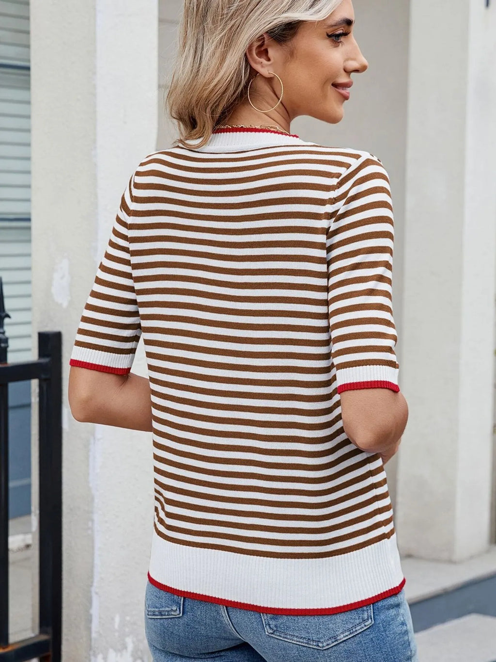 Striped Casual T-Shirt with Contrast Trim - Tops by Trendsi | Available at Handbags Specialist Headquarter