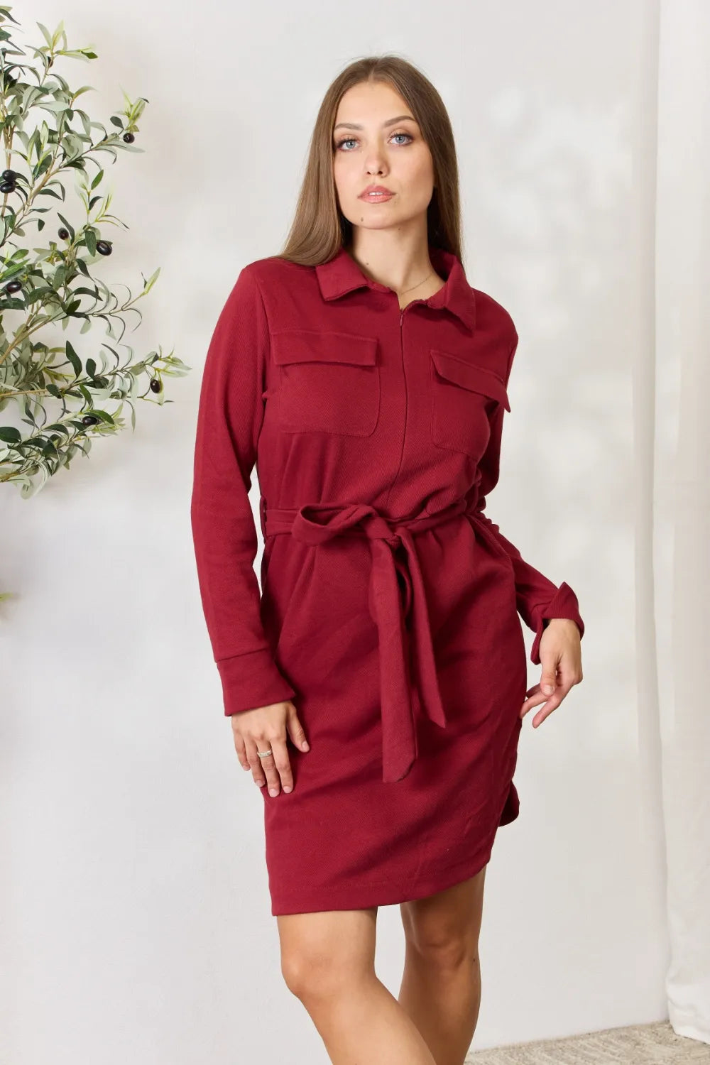 Culture Code Full Size Tie Front Half Zip Long Sleeve Shirt Dress - Dresses by Trendsi | Available at Handbags Specialist Headquarter