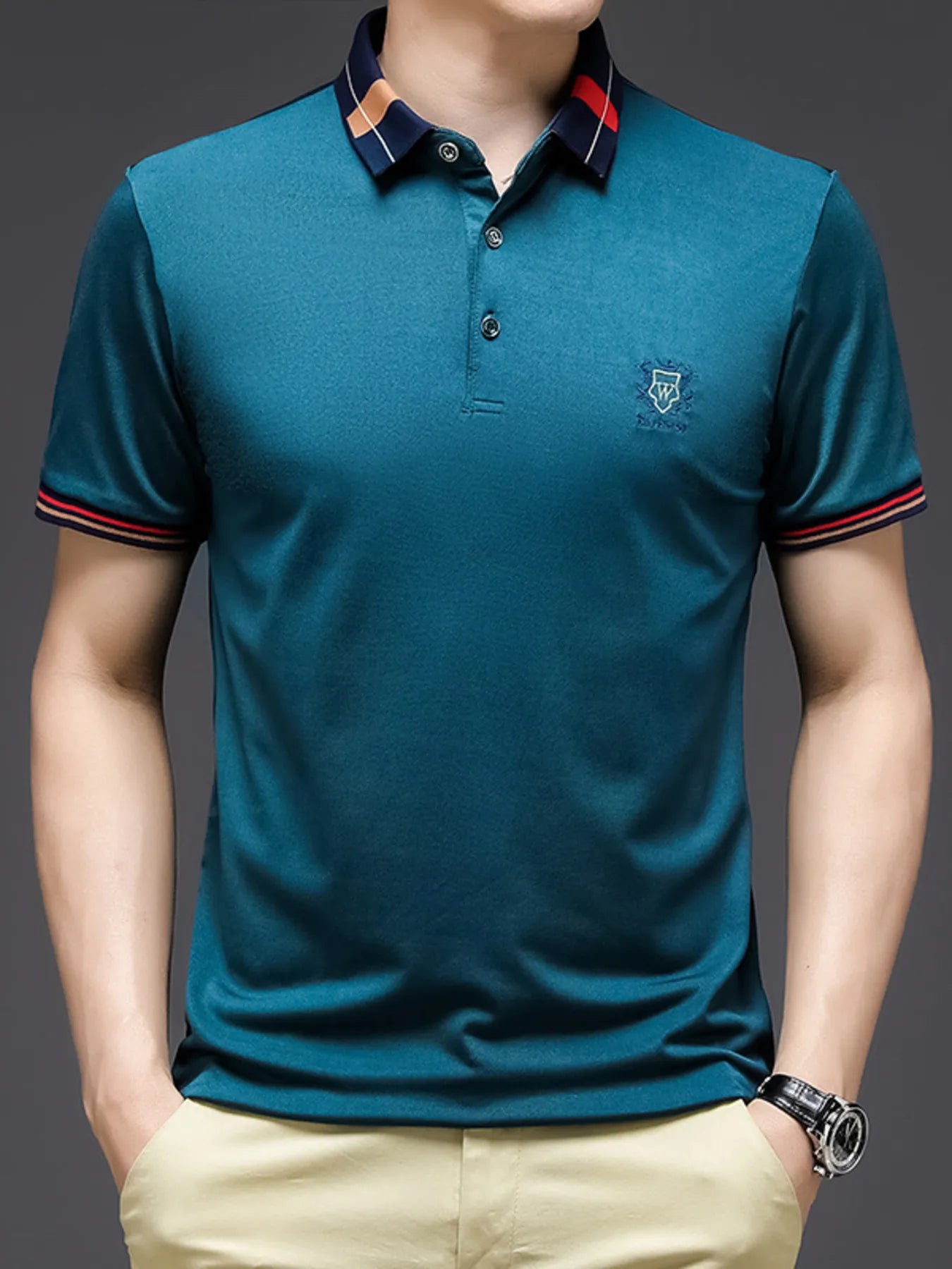 Men's Plus Size Short Sleeve Contrast Collar Polo Shirt - Men's Polo shirt by Trendsi | Available at Handbags Specialist Headquarter