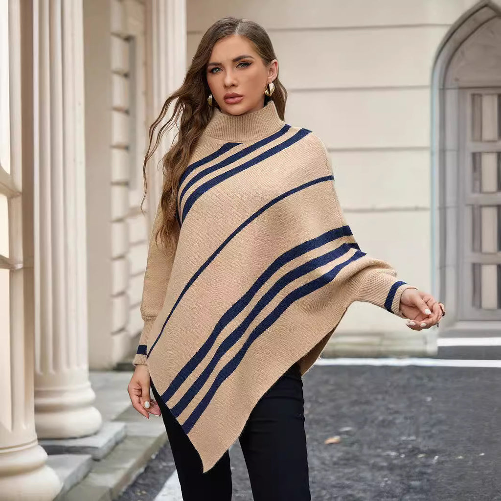 StripeBat Shawl: Half Turtleneck Pullover Sweater - Women's Sweatshirt by Trendsi | Available at Handbags Specialist Headquarter