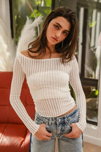 BiBi Textured Sheer Boat Neck Top - Tops by Trendsi | Available at Handbags Specialist Headquarter