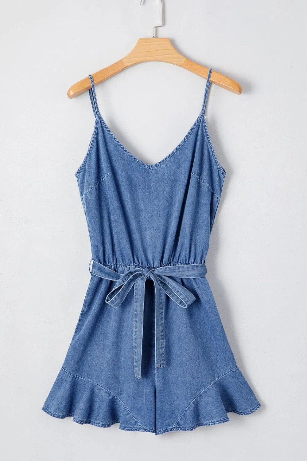 Spaghetti Straps V Neck Belted Ruffled Leg Chambray Romper - Women / Jeans & Denim by Trendsi | Available at Handbags Specialist Headquarter
