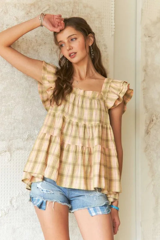 ADORA Ruffled Square Neck Cap Sleeve Babydoll Blouse - Tops by Trendsi | Available at Handbags Specialist Headquarter
