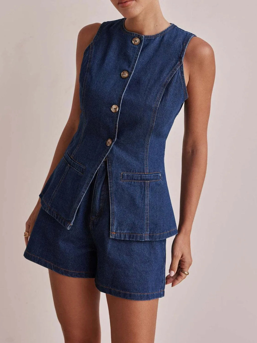 Button Down Vest and Shorts Denim Set - Women / Jeans & Denim by Trendsi | Available at Handbags Specialist Headquarter