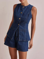 Button Down Vest and Shorts Denim Set - Women / Jeans & Denim by Trendsi | Available at Handbags Specialist Headquarter