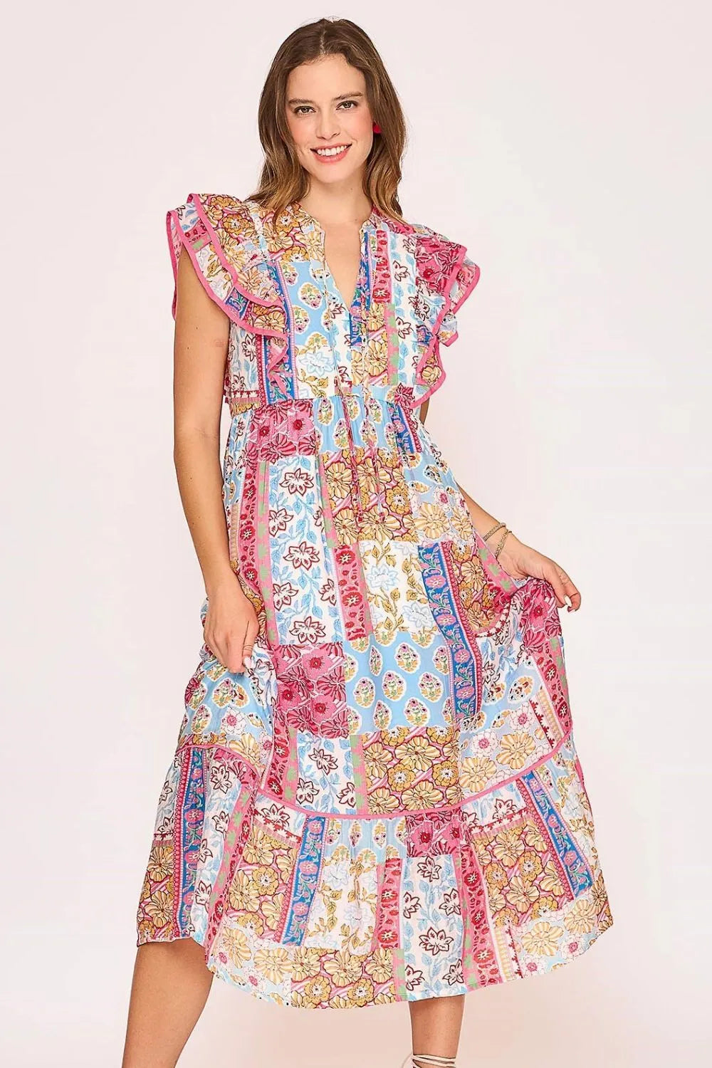 Umgee Full Size Tie Neck Double Layered Ruffle Sleeve Midi Dress Plus Size - Dresses by Trendsi | Available at Handbags Specialist Headquarter