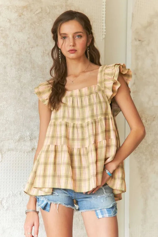 ADORA Ruffled Square Neck Cap Sleeve Babydoll Blouse - Tops by Trendsi | Available at Handbags Specialist Headquarter