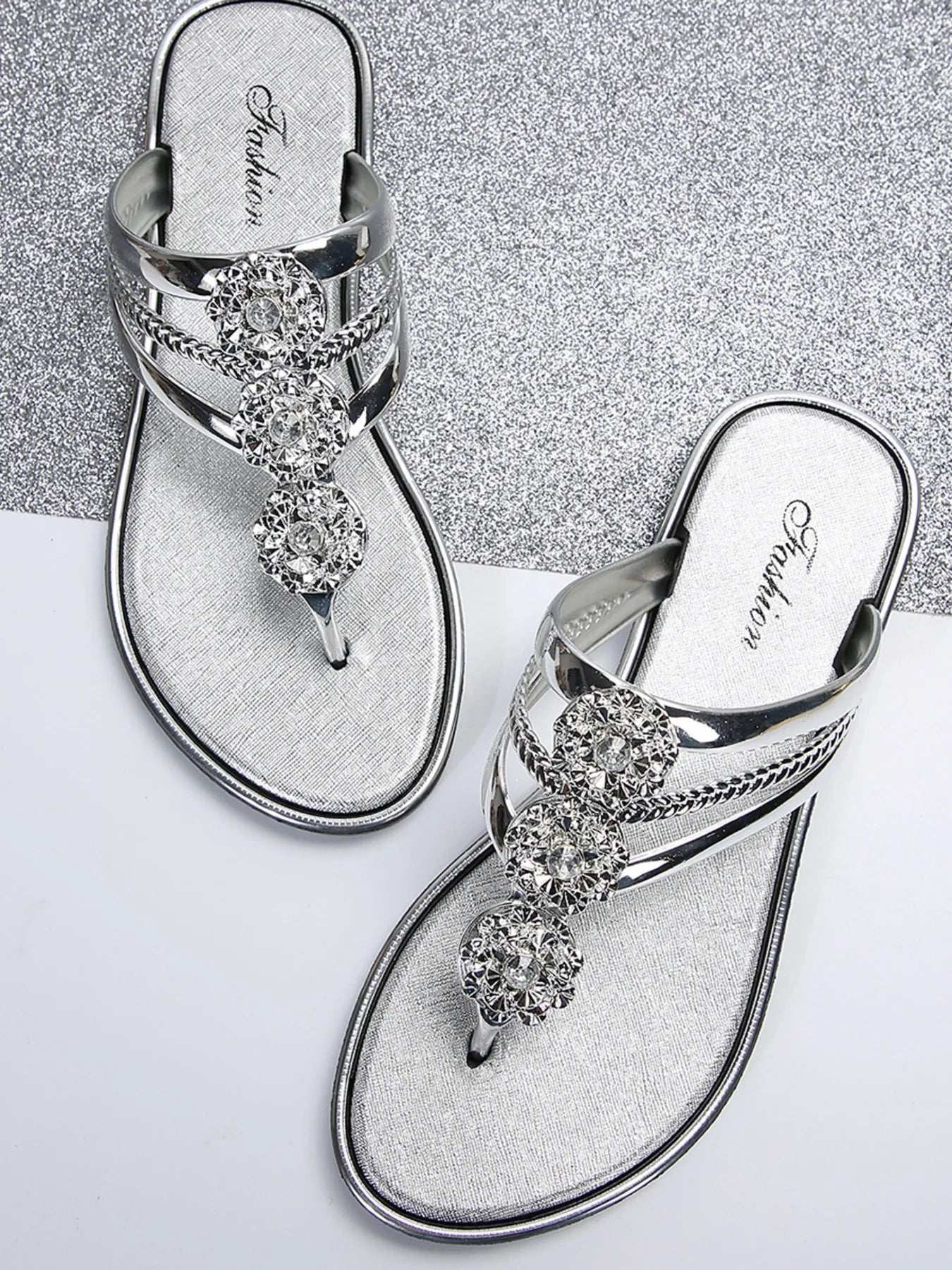 Rhinestone Toe Post Flats Sandals - Women Sandals by Trendsi | Available at Handbags Specialist Headquarter