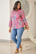 Plus Size Printed Notched Long Sleeve Blouse - Plus Size Shirts by Trendsi | Available at Handbags Specialist Headquarter