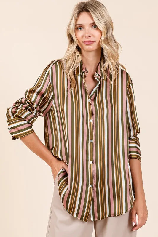 Mittoshop Striped Button Down Satin Shirt - Women's Down Shirt Tops by Trendsi | Available at Handbags Specialist Headquarter