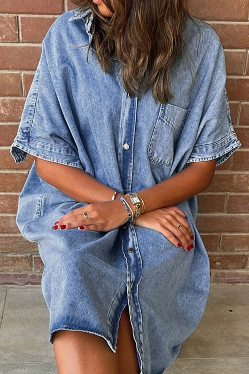 Oversized Button Down Denim Shirt Dress - Women / Jeans & Denim by Trendsi | Available at Handbags Specialist Headquarter
