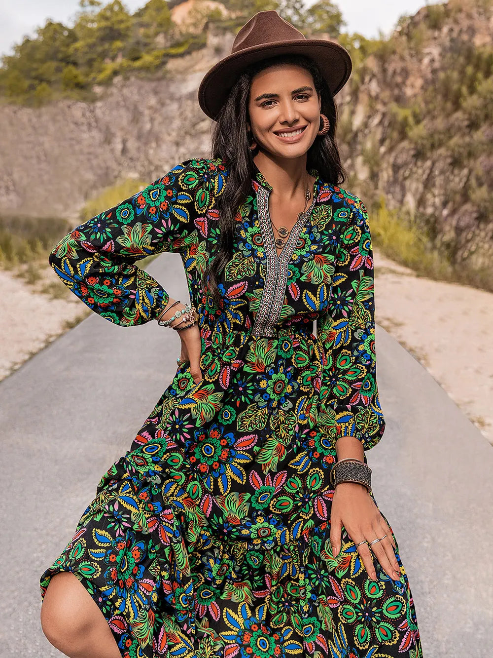 Printed Notched Neck Maxi Dress - Maxi Dress by Trendsi | Available at Handbags Specialist Headquarter