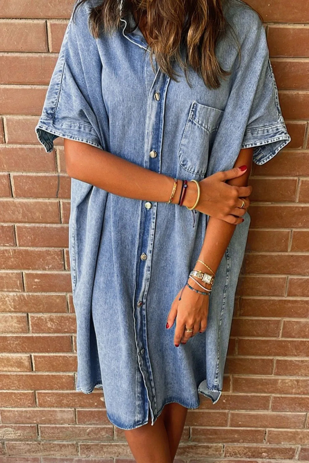 Oversized Button Down Denim Shirt Dress - Women / Jeans & Denim by Trendsi | Available at Handbags Specialist Headquarter