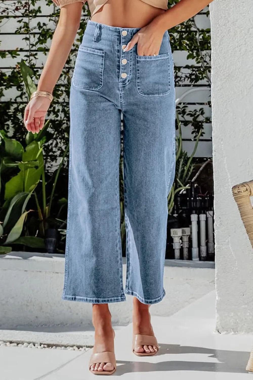 Button Fly Cropped Wide Leg Jeans - Women / Jeans & Denim by Trendsi | Available at Handbags Specialist Headquarter