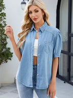 Collared Neck Button Up Denim Shirt - Women / Jeans & Denim by Trendsi | Available at Handbags Specialist Headquarter