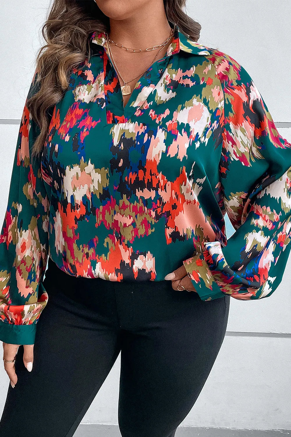 Plus Size Printed Johnny Collar Long Sleeve Blouse - Plus Size Shirts by Trendsi | Available at Handbags Specialist Headquarter