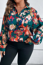 Plus Size Printed Johnny Collar Long Sleeve Blouse - Plus Size Shirts by Trendsi | Available at Handbags Specialist Headquarter
