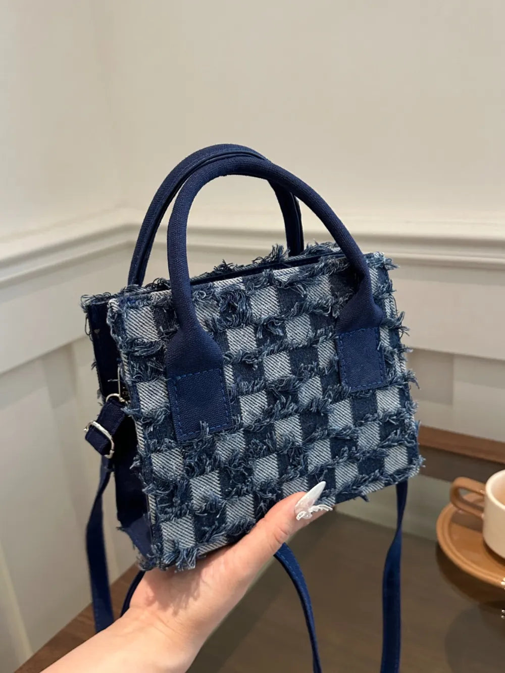 Raw Hem Checkered Denim Handbag - Tote Bag by Trendsi | Available at Handbags Specialist Headquarter