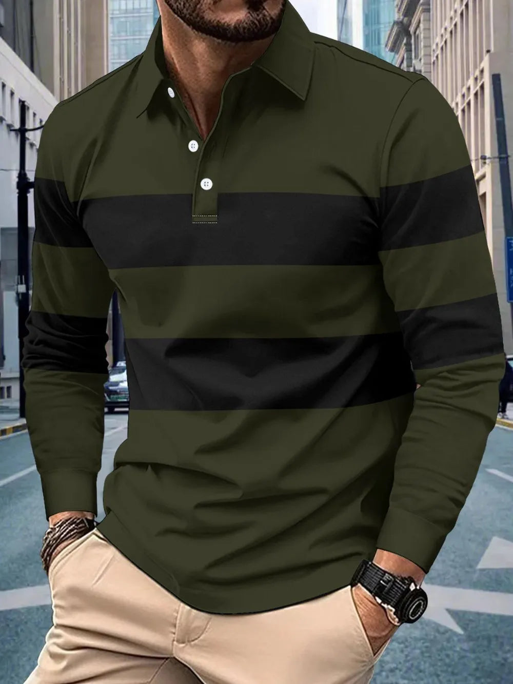 Men's Full Size Collared Contrast Striped Polo Plus Size - Men's Polo shirt by Trendsi | Available at Handbags Specialist Headquarter