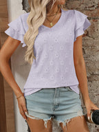 Eyelet V-Neck Ruffled Cap Sleeve Top - Tops by Trendsi | Available at Handbags Specialist Headquarter