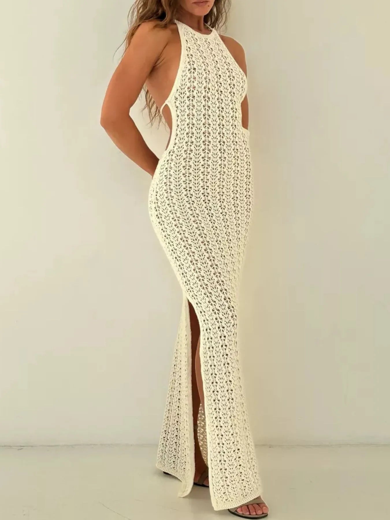 Crochet Halter Neck Bodycon Knit Cover Up Dress - Maxi Dress by Trendsi | Available at Handbags Specialist Headquarter