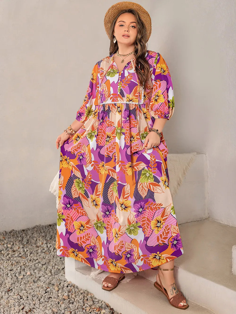 Plus Size Printed Tie Neck Maxi Dress - Dresses by Trendsi | Available at Handbags Specialist Headquarter