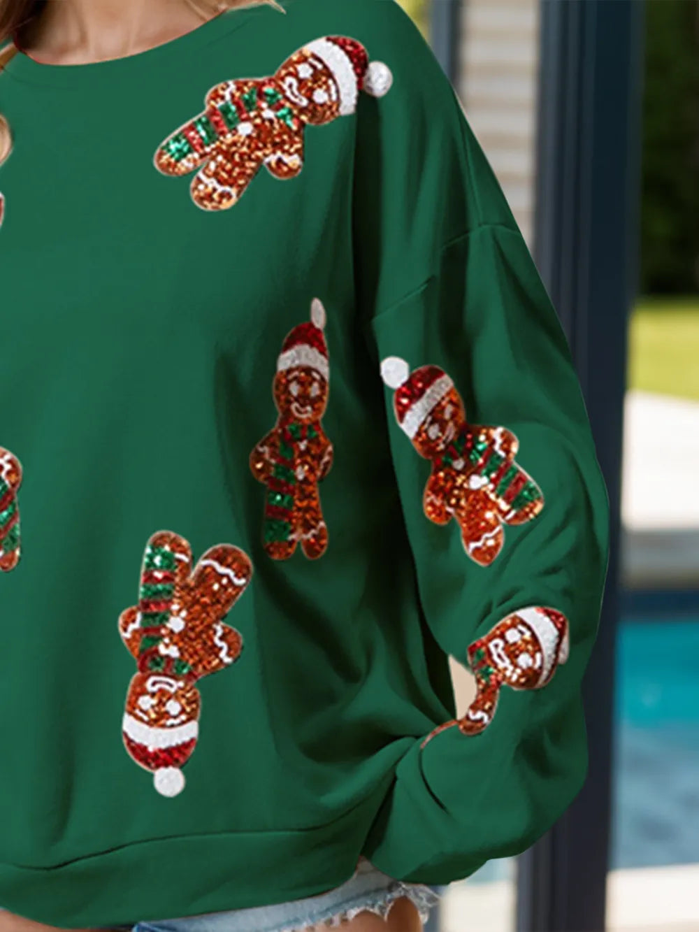 Sequin Gingerbread Man Long Sleeve Sweatshirt - Men's Sweatshirts by Trendsi | Available at Handbags Specialist Headquarter