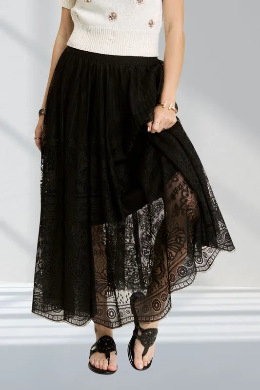 ADORA Elastic Waist Raw Hem Lace Maxi Skirt - Skirts by Trendsi | Available at Handbags Specialist Headquarter