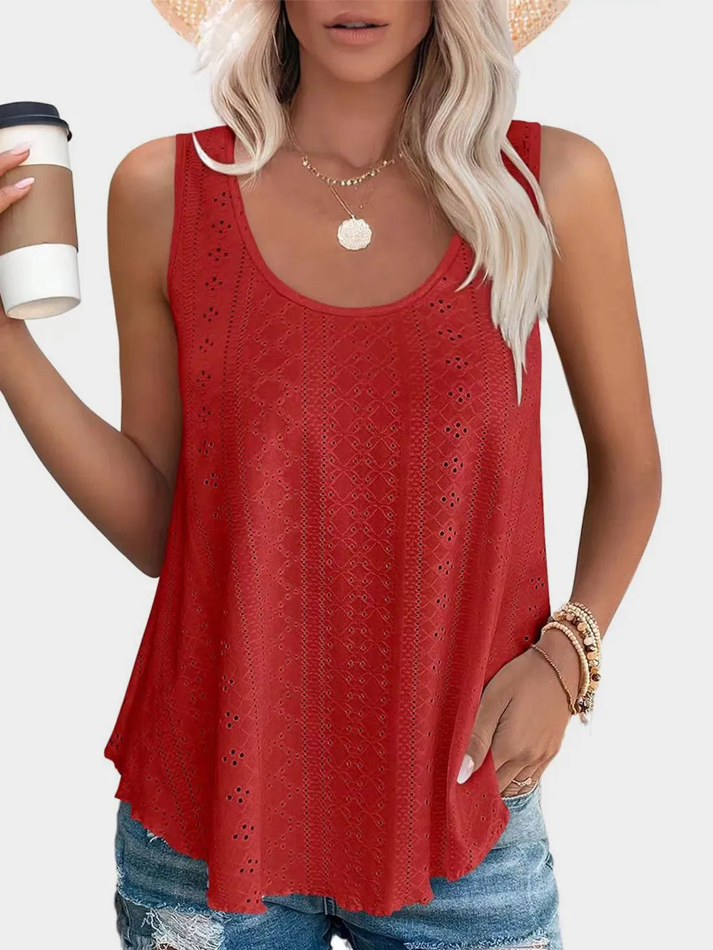 Florira Eyelet Round Neck Tank - Tops by Trendsi | Available at Handbags Specialist Headquarter
