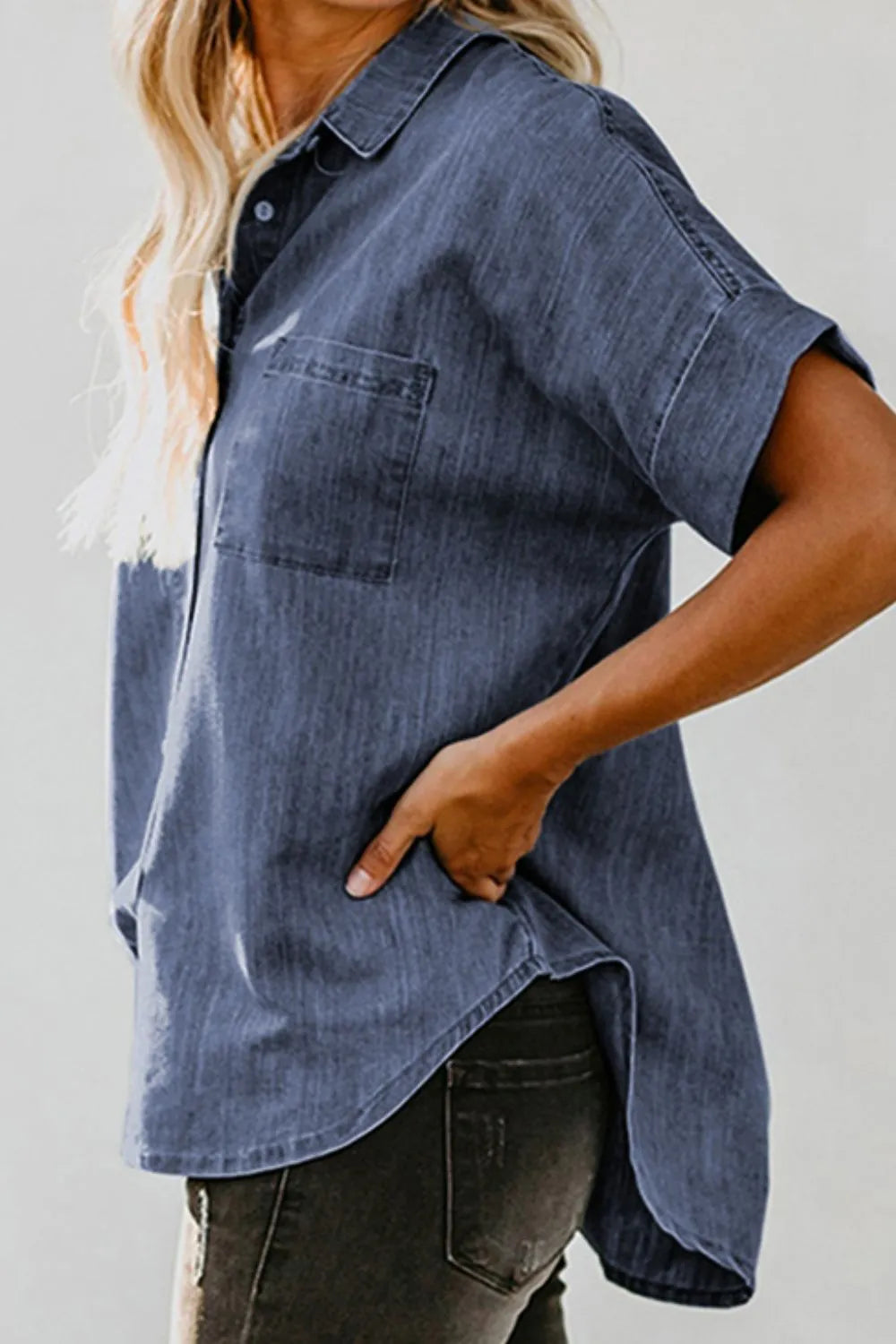 Pocketed Button Up Short Sleeve Denim Shirt - Women / Jeans & Denim by Trendsi | Available at Handbags Specialist Headquarter
