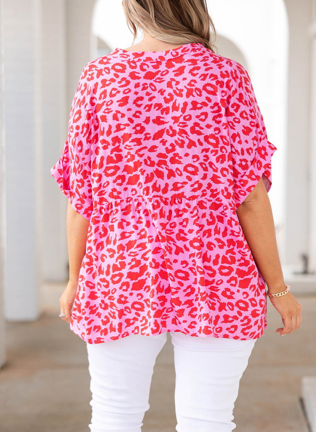 Plus Size Printed Notched Neck Half Sleeve Top - Plus Size Shirts by Trendsi | Available at Handbags Specialist Headquarter