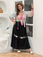 Plus Size Tie Neck Tassel Printed Blouse - Plus Size Shirts by Trendsi | Available at Handbags Specialist Headquarter