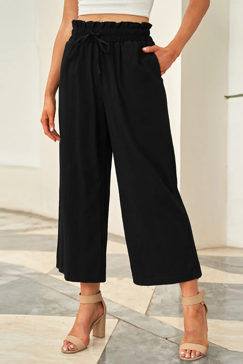 Drawstring Paperbag Waist Wide Leg Pants - Women Pants by Trendsi | Available at Handbags Specialist Headquarter