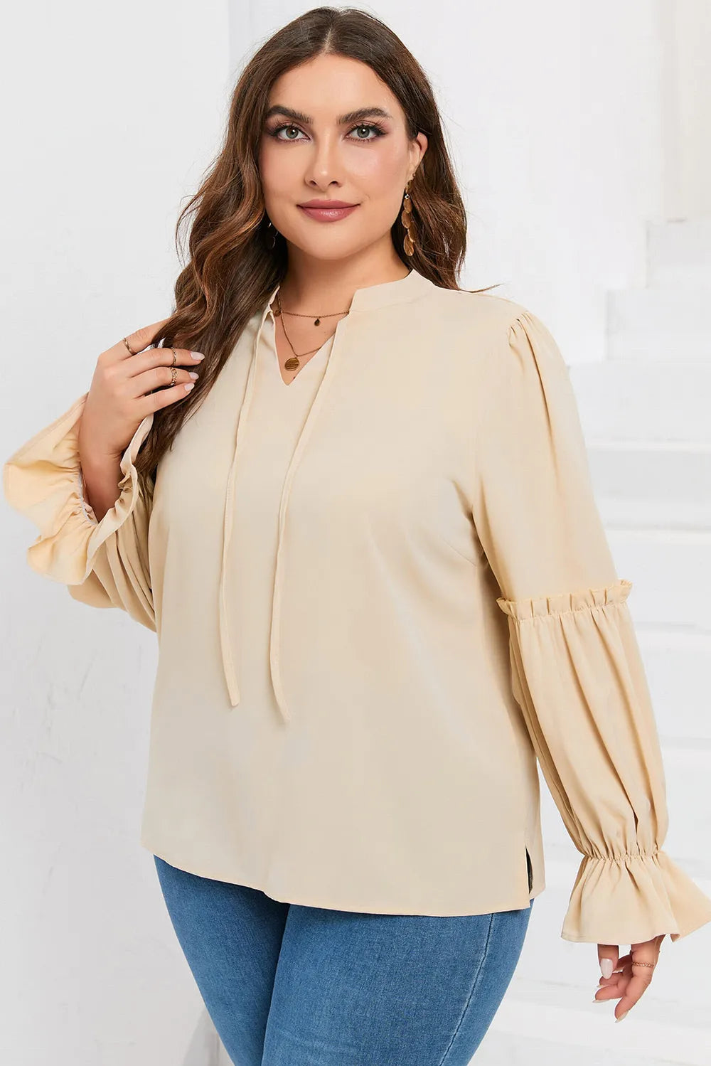 Plus Size Ruffled Tie Neck Flounce Sleeve Blouse - Plus Size Shirts by Trendsi | Available at Handbags Specialist Headquarter