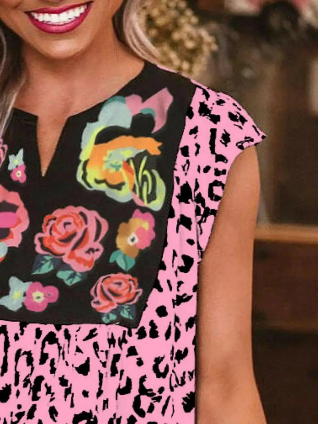 Full Size Leopard Floral Notched Cap Sleeve Blouse Plus Size - Women Plus Size by Trendsi | Available at Handbags Specialist Headquarter