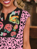 Full Size Leopard Floral Notched Cap Sleeve Blouse Plus Size - Women Plus Size by Trendsi | Available at Handbags Specialist Headquarter