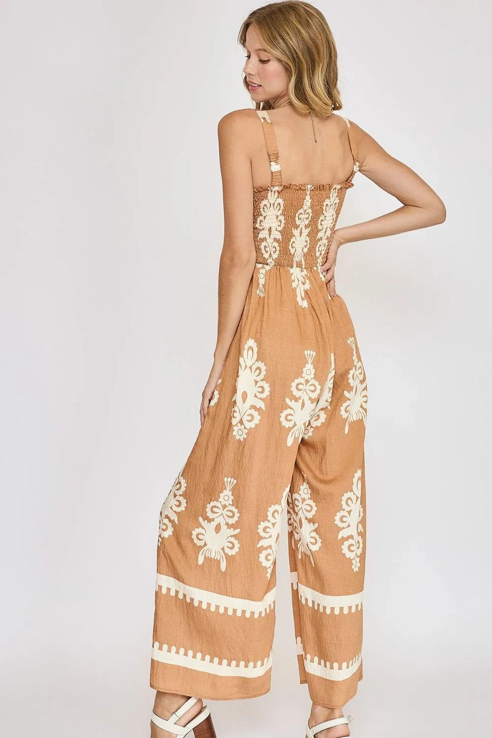 Umgee Full Size Smocked Printed Wide Leg Jumpsuit Plus Size - Dresses by Trendsi | Available at Handbags Specialist Headquarter