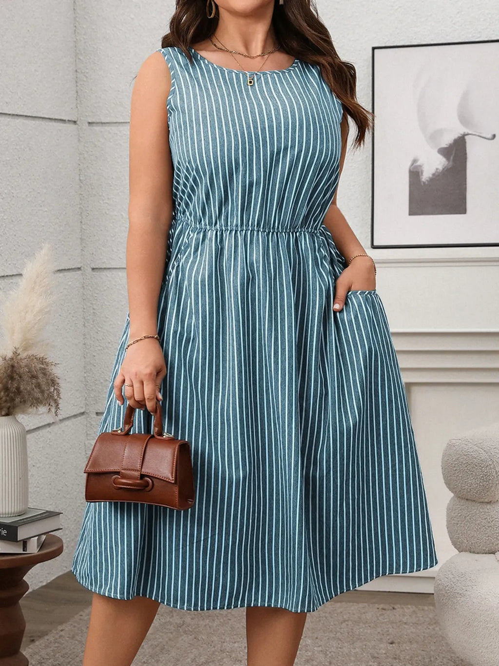 Plus Size Striped Round Neck Sleeveless Dress - Dresses by Trendsi | Available at Handbags Specialist Headquarter