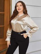 Plus Size Flounce Sleeve Band Collar Shirt - Plus Size Shirts by Trendsi | Available at Handbags Specialist Headquarter