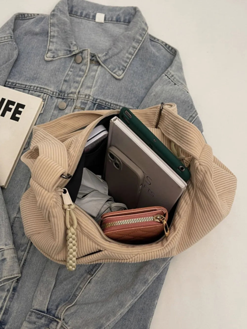 Ribbed Adjustable Strap Shoulder Bag - Handbags by Trendsi | Available at Handbags Specialist Headquarter