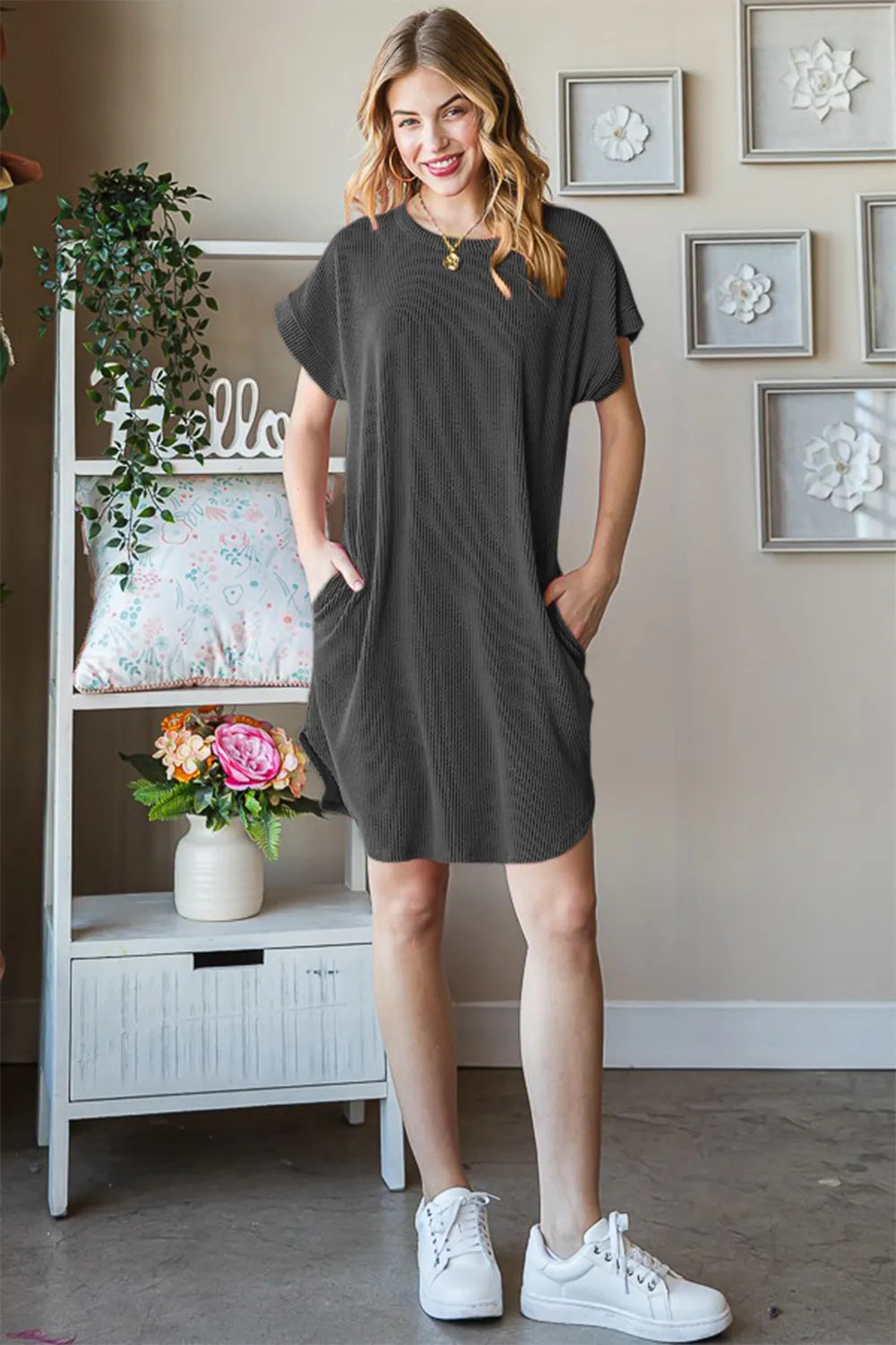 Heimish Full Size Ribbed Round Neck Short Sleeve Tee Dress - Dresses by Trendsi | Available at Handbags Specialist Headquarter
