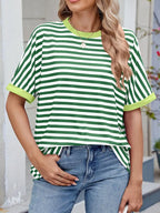 Striped Round Neck Half Sleeve T-Shirt - Women / Tops by Trendsi | Available at Handbags Specialist Headquarter