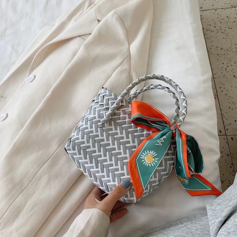 Contrast Woven Handbag with Ribbon - Tote Bag by Trendsi | Available at Handbags Specialist Headquarter