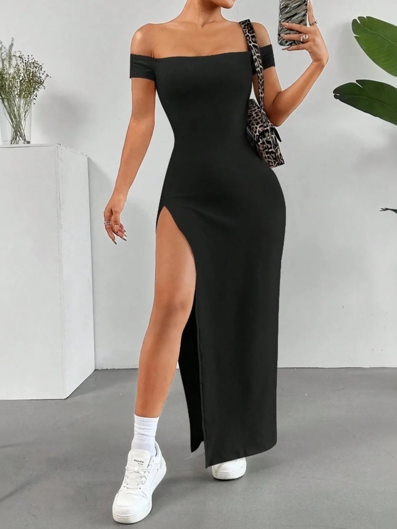 Off-Shoulder High Slit Bodycon Maxi Dress - Maxi Dress by Trendsi | Available at Handbags Specialist Headquarter