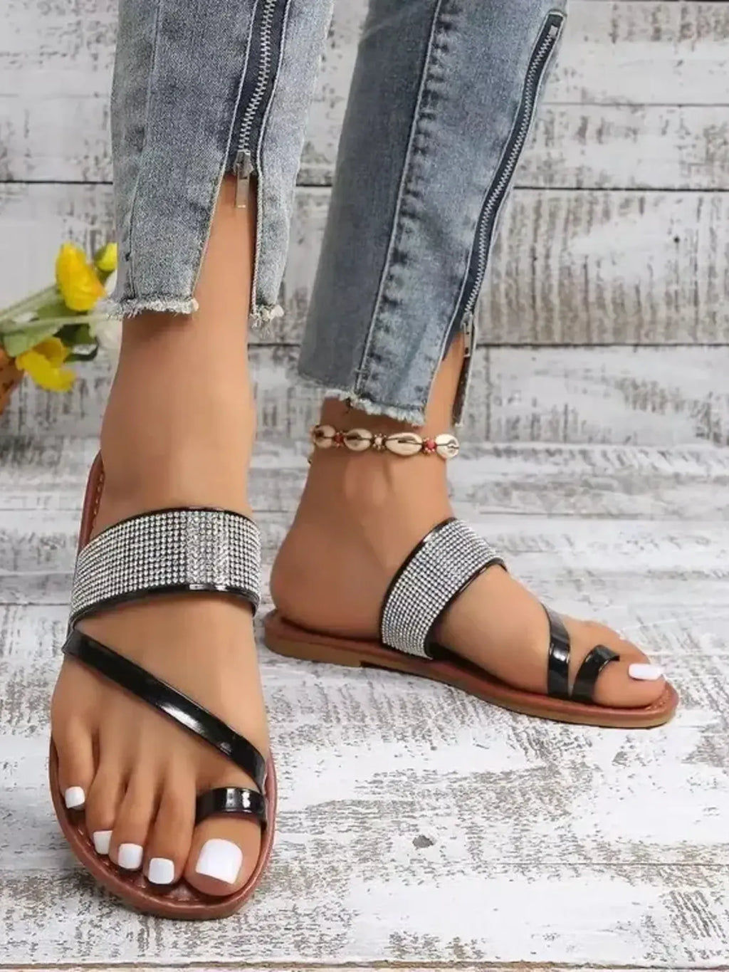 Rhinestone Toe Loop Flats Sandals - Women Sandals by Trendsi | Available at Handbags Specialist Headquarter