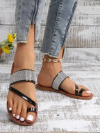 Rhinestone Toe Loop Flats Sandals - Women Sandals by Trendsi | Available at Handbags Specialist Headquarter