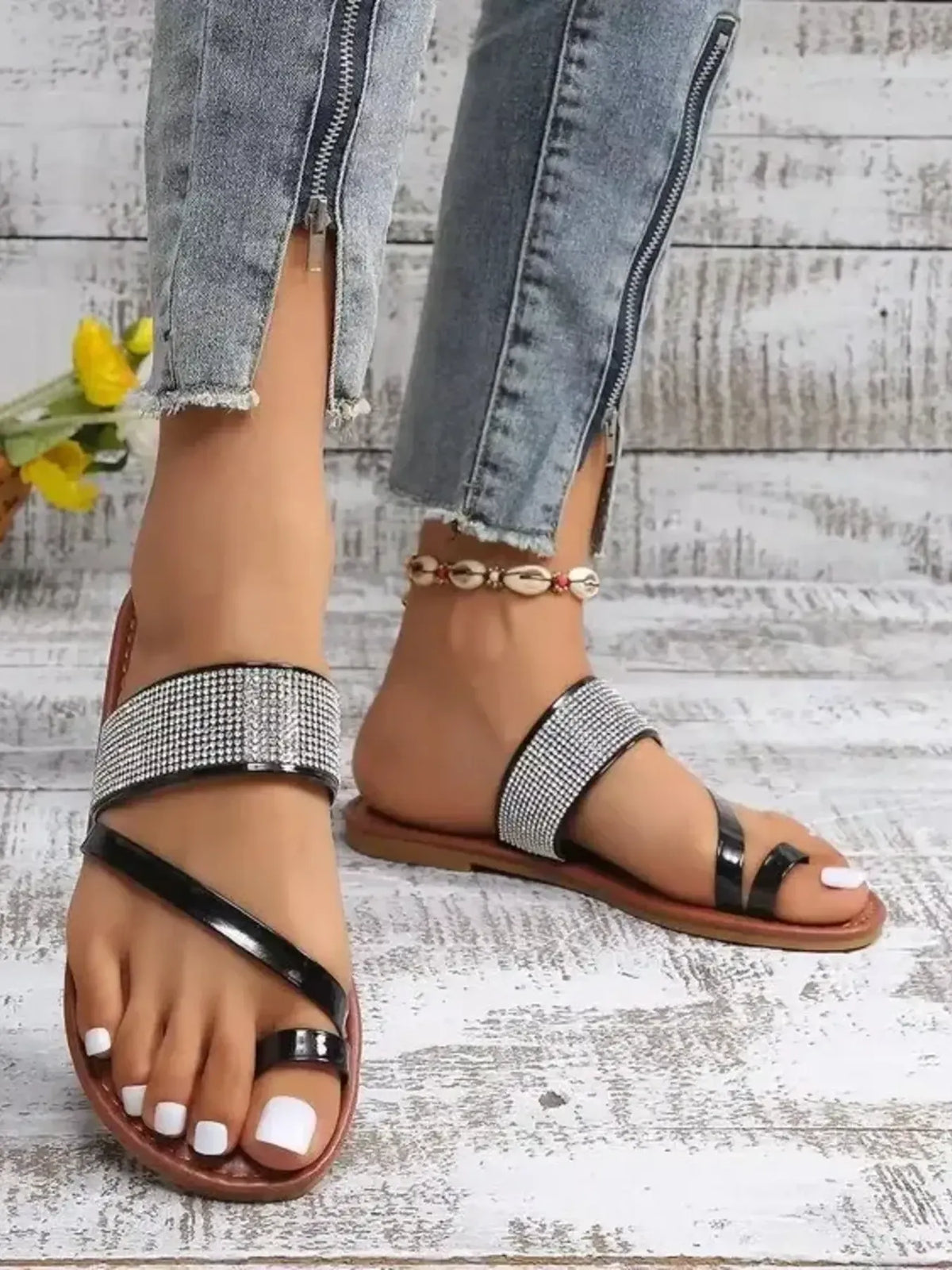 Rhinestone Toe Loop Flats Sandals - Women Sandals by Trendsi | Available at Handbags Specialist Headquarter