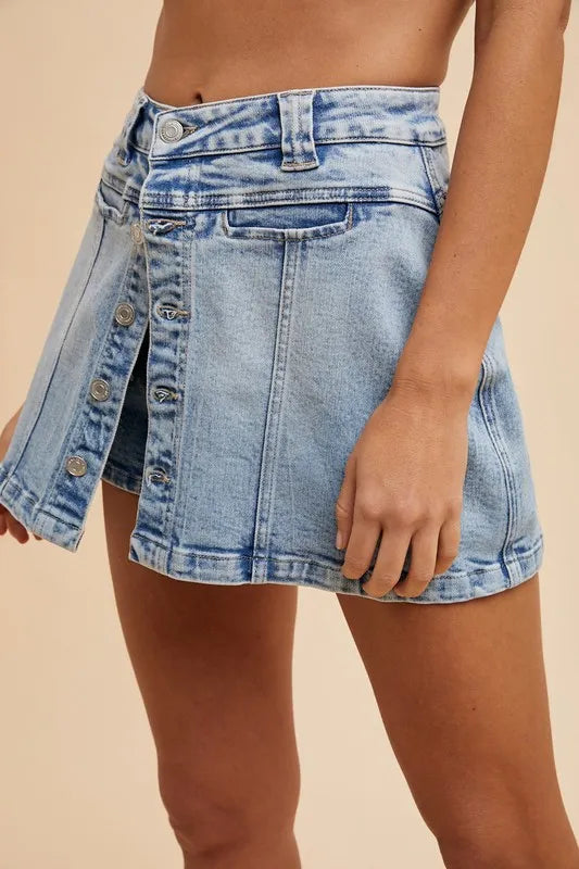 Annie Wear Button Detail Stretch Denim Wrap Mini Skort - Skirts by Trendsi | Available at Handbags Specialist Headquarter